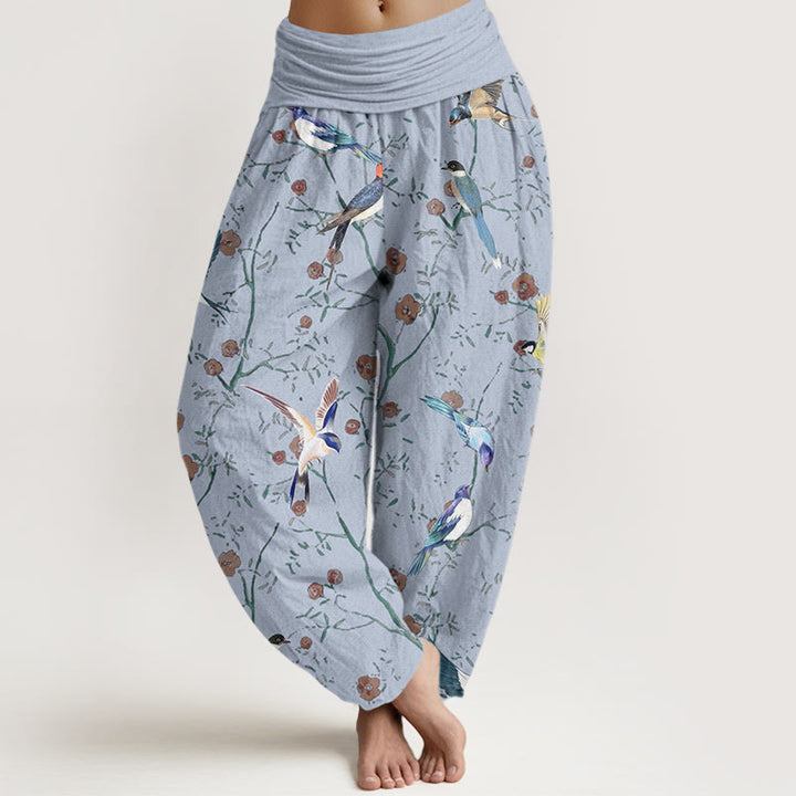Pantalones harén de cintura elástica para mujer con estampado de pájaros, flores y hojas de Buddha Stones - Azul cielo claro - US22，UK/AU26，EU54 (6XL) - image 5