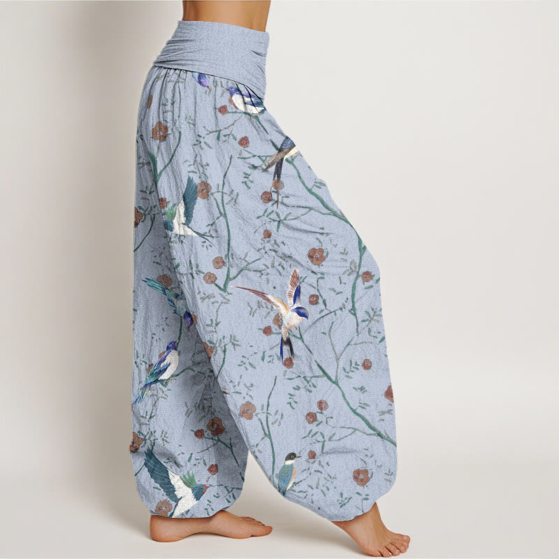 Pantalones harén de cintura elástica para mujer con estampado de pájaros, flores y hojas de Buddha Stones - image 6
