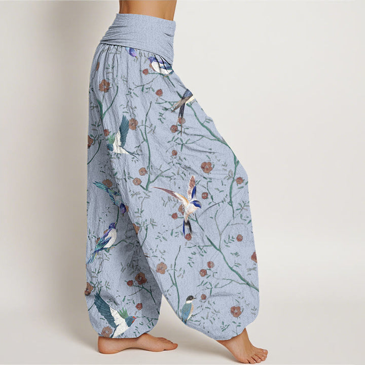 Pantalones harén de cintura elástica para mujer con estampado de pájaros, flores y hojas de Buddha Stones - image 6