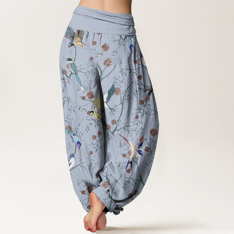 Pantalones harén de cintura elástica para mujer con estampado de pájaros, flores y hojas de Buddha Stones - image 7
