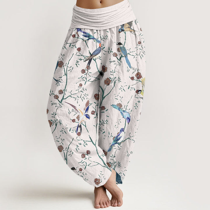 Pantalones harén de cintura elástica para mujer con estampado de pájaros, flores y hojas de Buddha Stones - Humo blanco - US22，UK/AU26，EU54 (6XL) - image 8