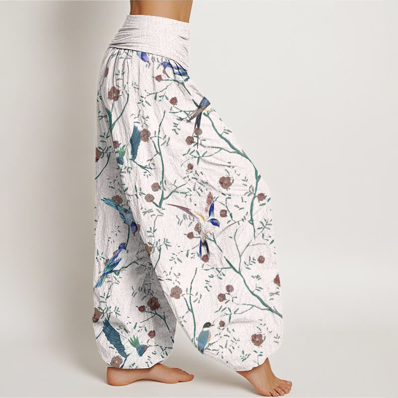 Pantalones harén de cintura elástica para mujer con estampado de pájaros, flores y hojas de Buddha Stones - image 9