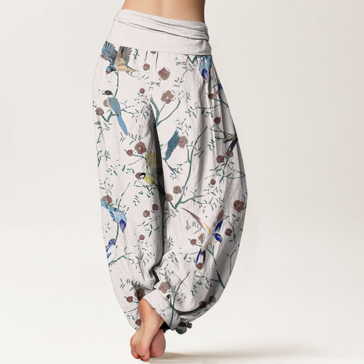 Pantalones harén de cintura elástica para mujer con estampado de pájaros, flores y hojas de Buddha Stones - image 10