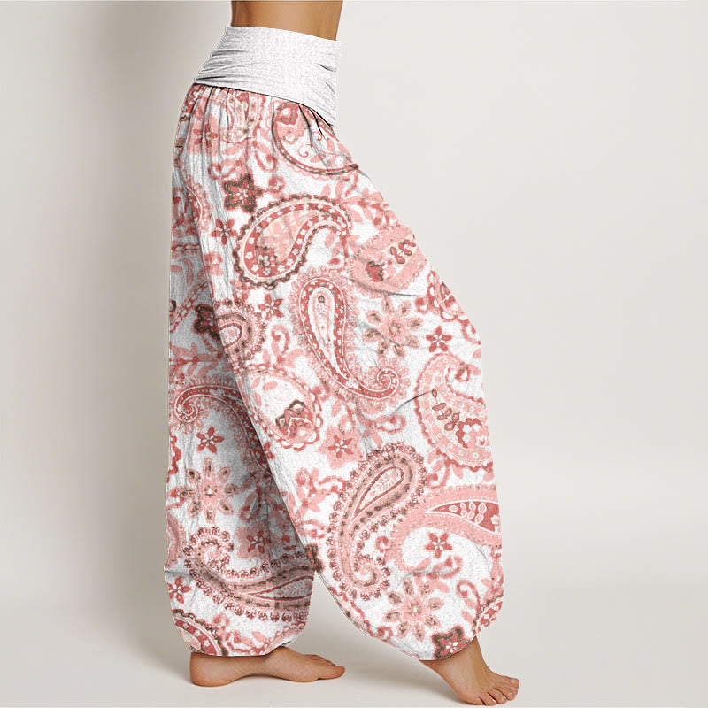 Pantalones bombachos de mujer con cintura elástica, estampado paisley informal de algodón con Buddha Stones - image 5