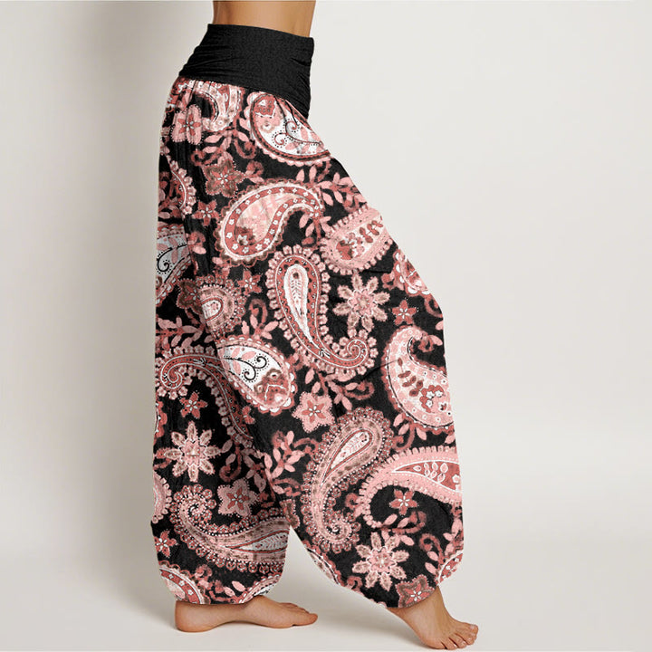 Pantalones bombachos de mujer con cintura elástica, estampado paisley informal de algodón con Buddha Stones - image 8