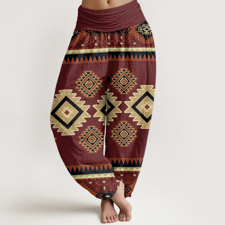 Pantalones harén con cintura elástica para mujer, estilo navajo, con estampado textil simétrico e informal de Buddha Stones - Marrón - US22，UK/AU26，EU54 (6XL) - image 1