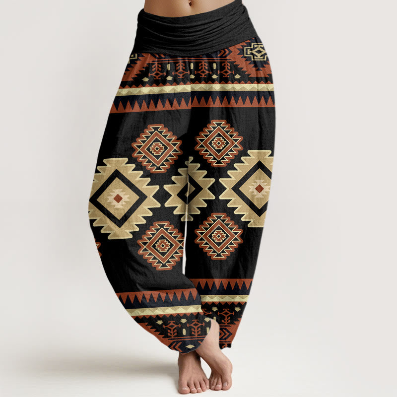 Pantalones harén con cintura elástica para mujer, estilo navajo, con estampado textil simétrico e informal de Buddha Stones - Negro - US22，UK/AU26，EU54 (6XL) - image 8