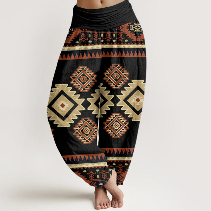 Pantalones harén con cintura elástica para mujer, estilo navajo, con estampado textil simétrico e informal de Buddha Stones - Negro - US22，UK/AU26，EU54 (6XL) - image 8