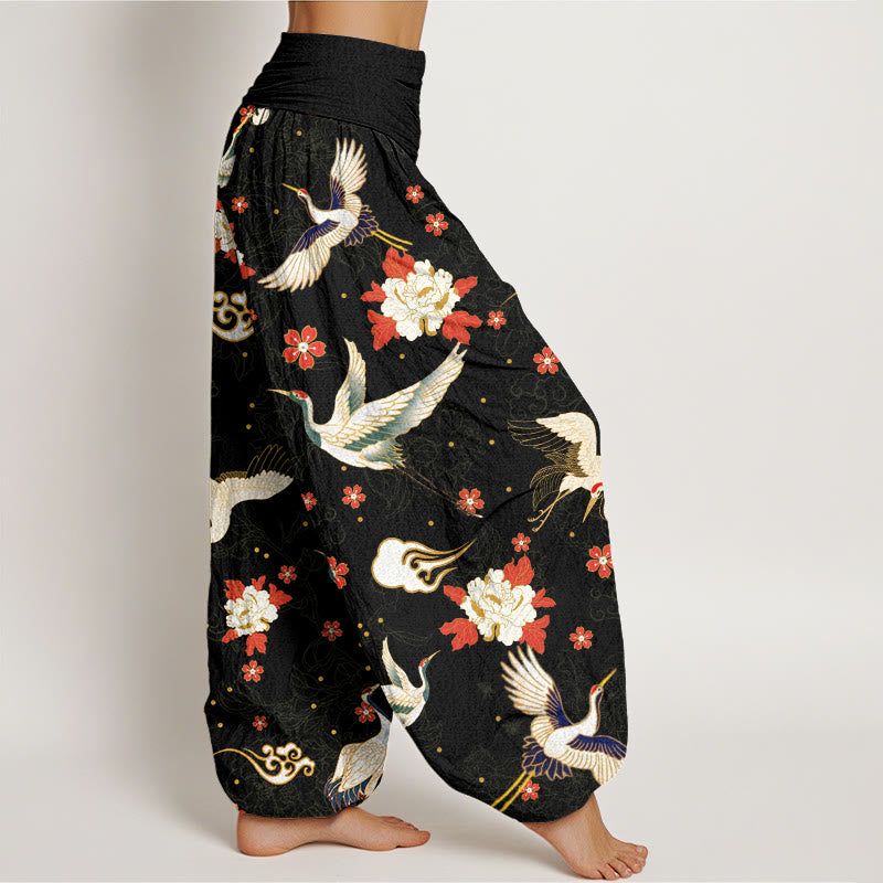 Pantalones harén con cintura elástica para mujer, informales, con estampado de flores de cerezo y peonías de grulla de corona roja y piedras de Buddha Stones - image 2