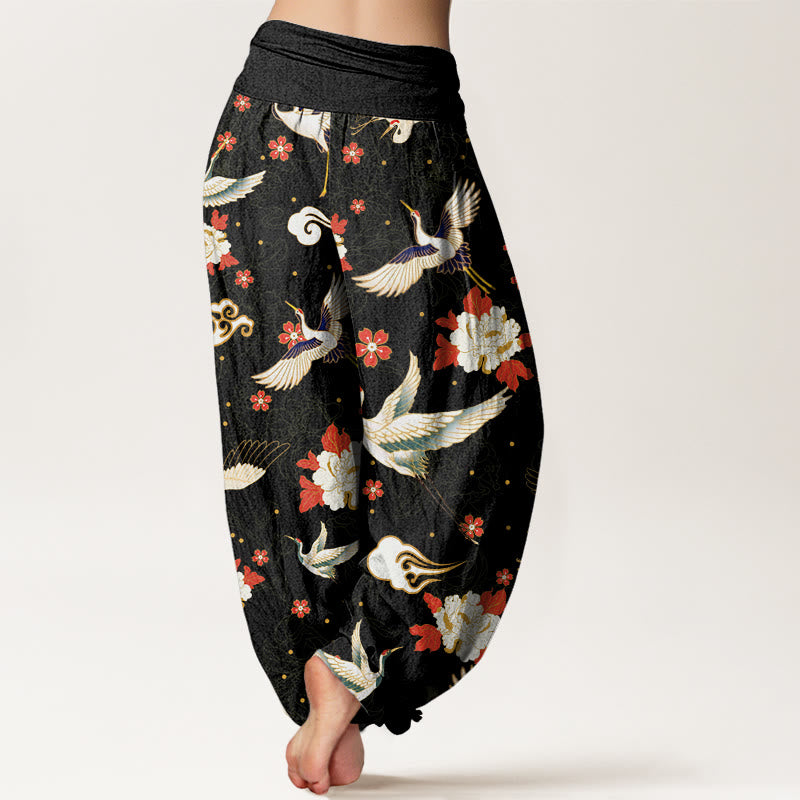 Pantalones harén con cintura elástica para mujer, informales, con estampado de flores de cerezo y peonías de grulla de corona roja y piedras de Buddha Stones - image 3