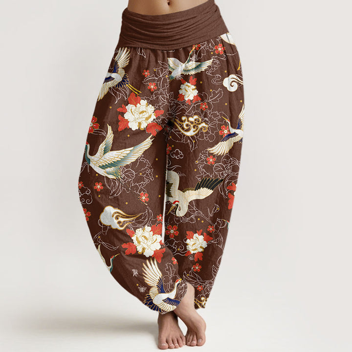 Pantalones harén con cintura elástica para mujer, informales, con estampado de flores de cerezo y peonías de grulla de corona roja y piedras de Buddha Stones - SaddleBrown - US22，UK/AU26，EU54 (6XL) - image 5
