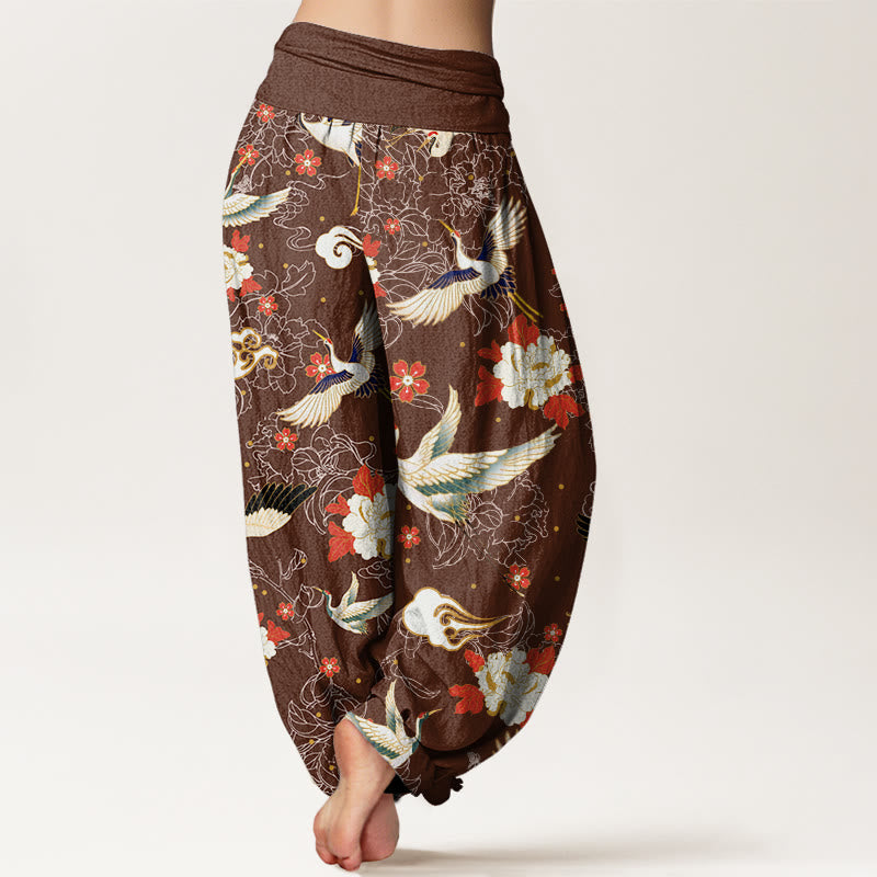 Pantalones harén con cintura elástica para mujer, informales, con estampado de flores de cerezo y peonías de grulla de corona roja y piedras de Buddha Stones - image 7