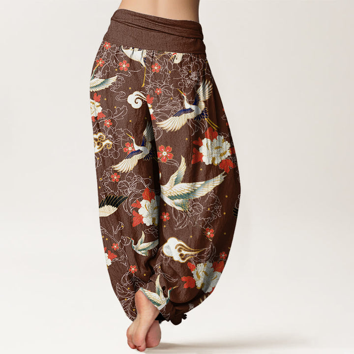 Pantalones harén con cintura elástica para mujer, informales, con estampado de flores de cerezo y peonías de grulla de corona roja y piedras de Buddha Stones - image 7