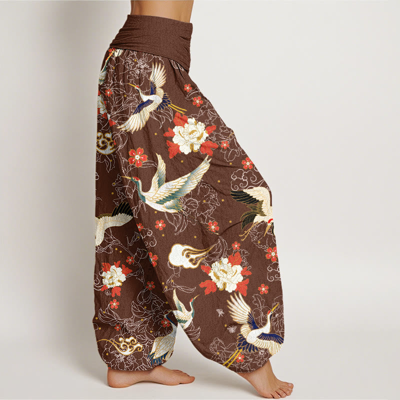 Pantalones harén con cintura elástica para mujer, informales, con estampado de flores de cerezo y peonías de grulla de corona roja y piedras de Buddha Stones - image 6