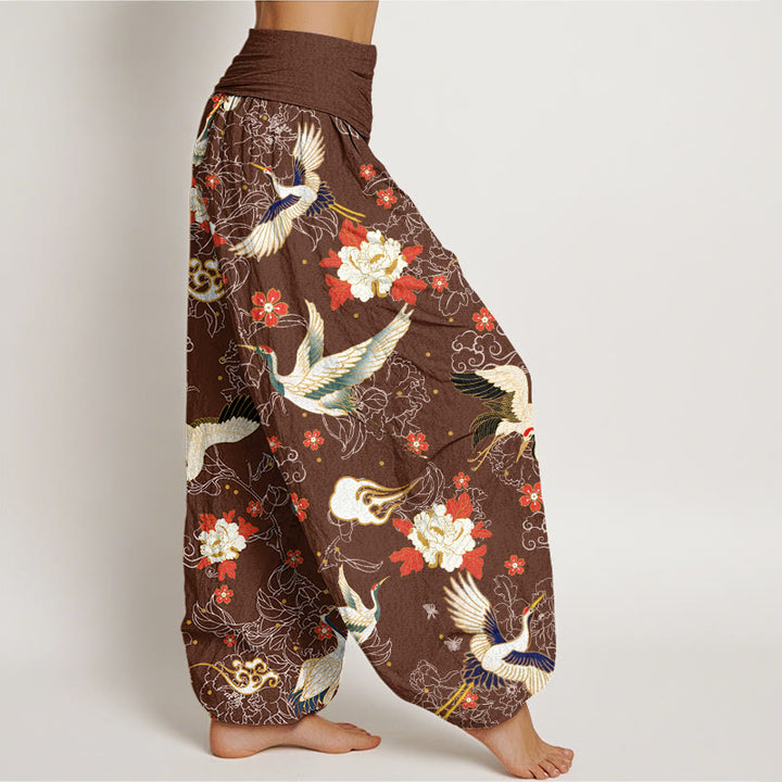 Pantalones harén con cintura elástica para mujer, informales, con estampado de flores de cerezo y peonías de grulla de corona roja y piedras de Buddha Stones - image 6