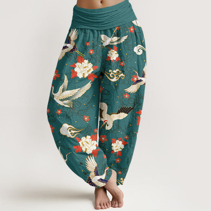 Pantalones harén con cintura elástica para mujer, informales, con estampado de flores de cerezo y peonías de grulla de corona roja y piedras de Buddha Stones - Cian oscuro - US22，UK/AU26，EU54 (6XL) - image 8