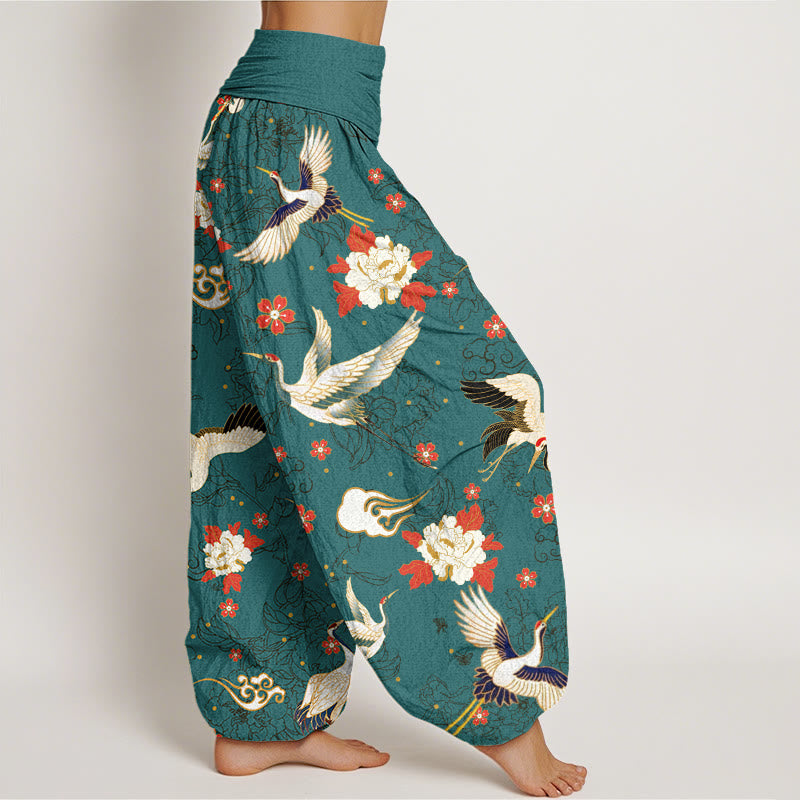 Pantalones harén con cintura elástica para mujer, informales, con estampado de flores de cerezo y peonías de grulla de corona roja y piedras de Buddha Stones - image 9