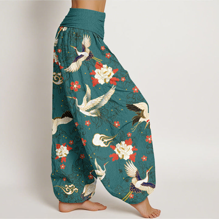 Pantalones harén con cintura elástica para mujer, informales, con estampado de flores de cerezo y peonías de grulla de corona roja y piedras de Buddha Stones - image 9