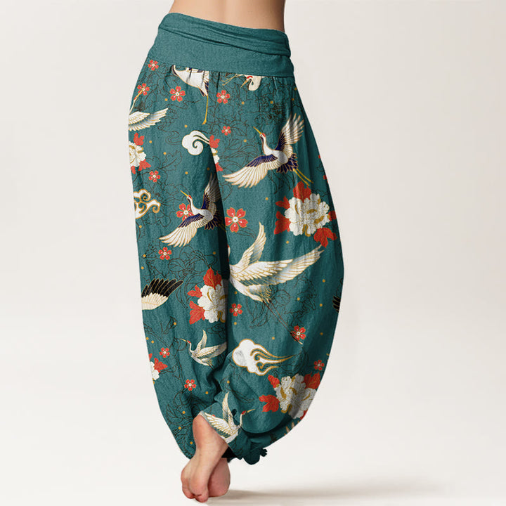 Pantalones harén con cintura elástica para mujer, informales, con estampado de flores de cerezo y peonías de grulla de corona roja y piedras de Buddha Stones - image 10