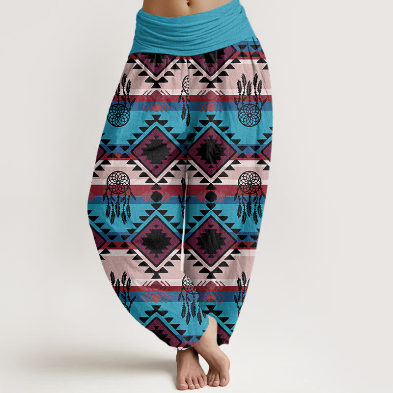 Pantalones harén con cintura elástica para mujer, estilo textil navajo, con estampado de atrapasueños simétricos e informales de Buddha Stones - Azul cielo profundo - US22，UK/AU26，EU54 (6XL) - image 1