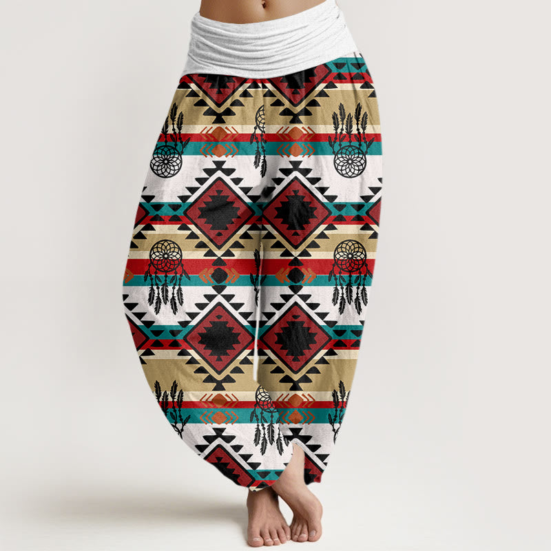 Pantalones harén con cintura elástica para mujer, estilo textil navajo, con estampado de atrapasueños simétricos e informales de Buddha Stones - Fantasma blanco - US22，UK/AU26，EU54 (6XL) - image 5