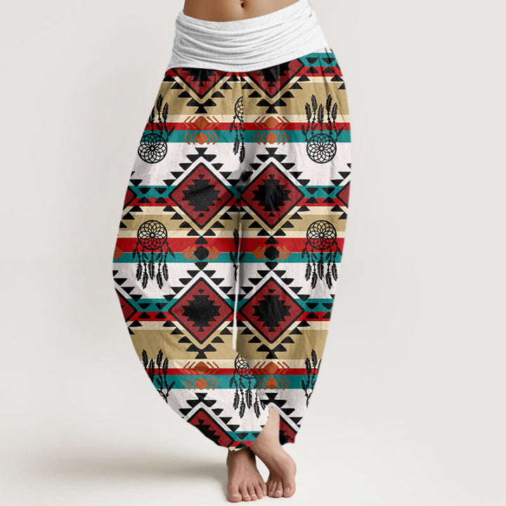 Pantalones harén con cintura elástica para mujer, estilo textil navajo, con estampado de atrapasueños simétricos e informales de Buddha Stones - Fantasma blanco - US22，UK/AU26，EU54 (6XL) - image 5