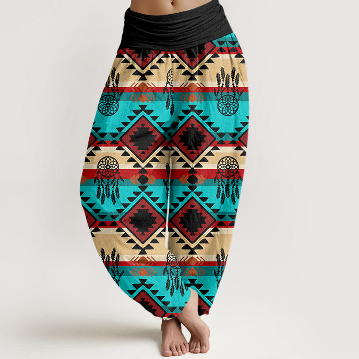 Pantalones harén con cintura elástica para mujer, estilo textil navajo, con estampado de atrapasueños simétricos e informales de Buddha Stones - Negro - US22，UK/AU26，EU54 (6XL) - image 8
