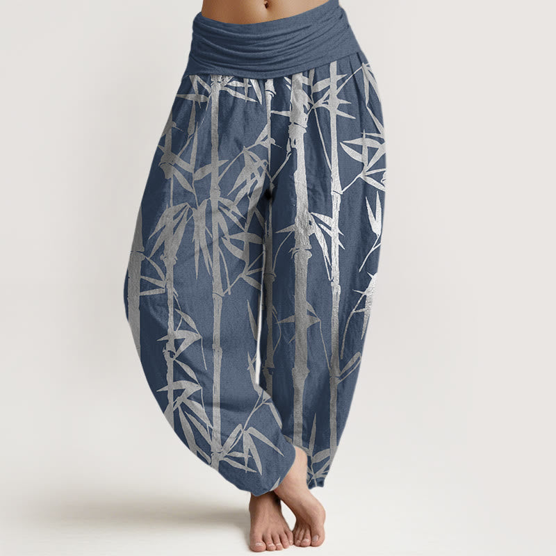 Pantalones harén de cintura elástica para mujer con estampado de hojas y Buddha Stones - Azul acero - US22，UK/AU26，EU54 (6XL) - image 8