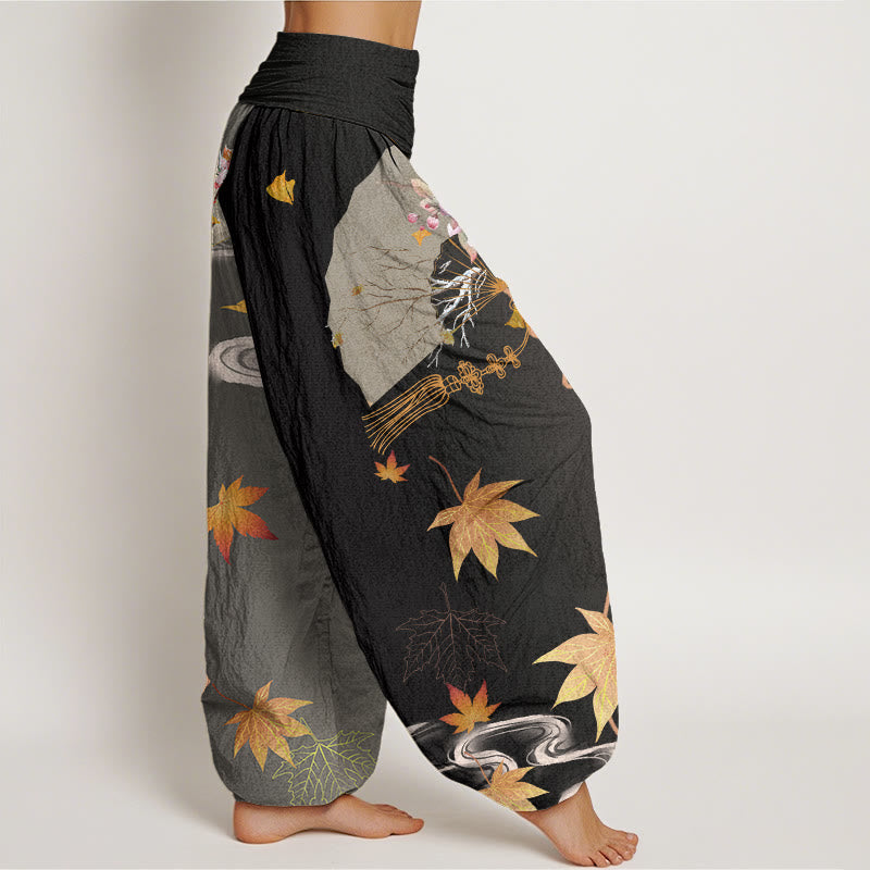 Pantalones harén con cintura elástica para mujer, diseño informal de abanico plegable con diseño de flores, hojas de arce y nubes, con Buddha Stones - image 2