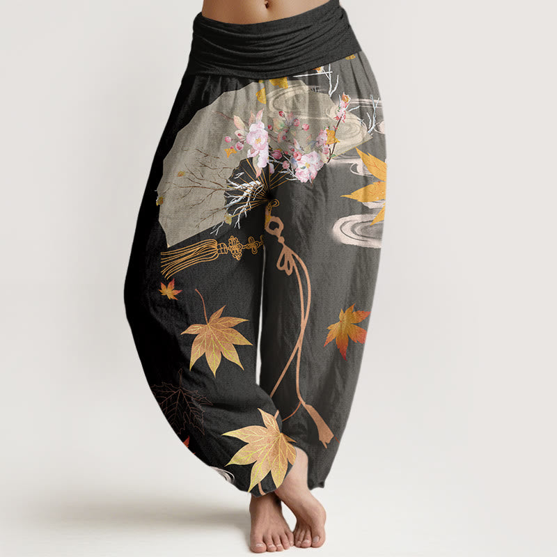 Pantalones harén con cintura elástica para mujer, diseño informal de abanico plegable con diseño de flores, hojas de arce y nubes, con Buddha Stones - Negro - US22，UK/AU26，EU54 (6XL) - image 1
