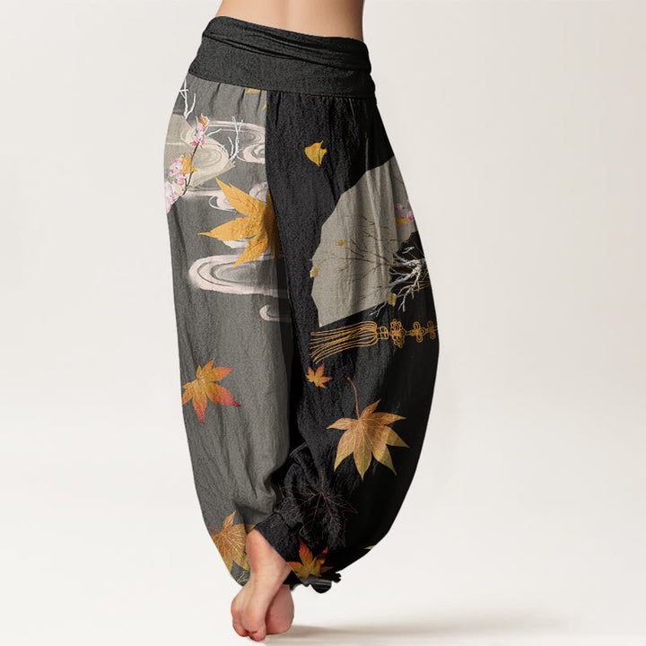 Pantalones harén con cintura elástica para mujer, diseño informal de abanico plegable con diseño de flores, hojas de arce y nubes, con Buddha Stones - image 3