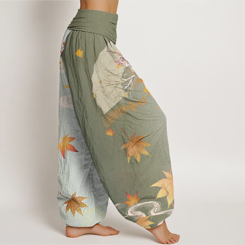 Pantalones bombachos de cintura elástica para mujer, estilo harem, con estampado de flores, hojas de arce y nubes, de algodón con diseño de abanico plegable informal de Buddha Stones Cotton. - image 5
