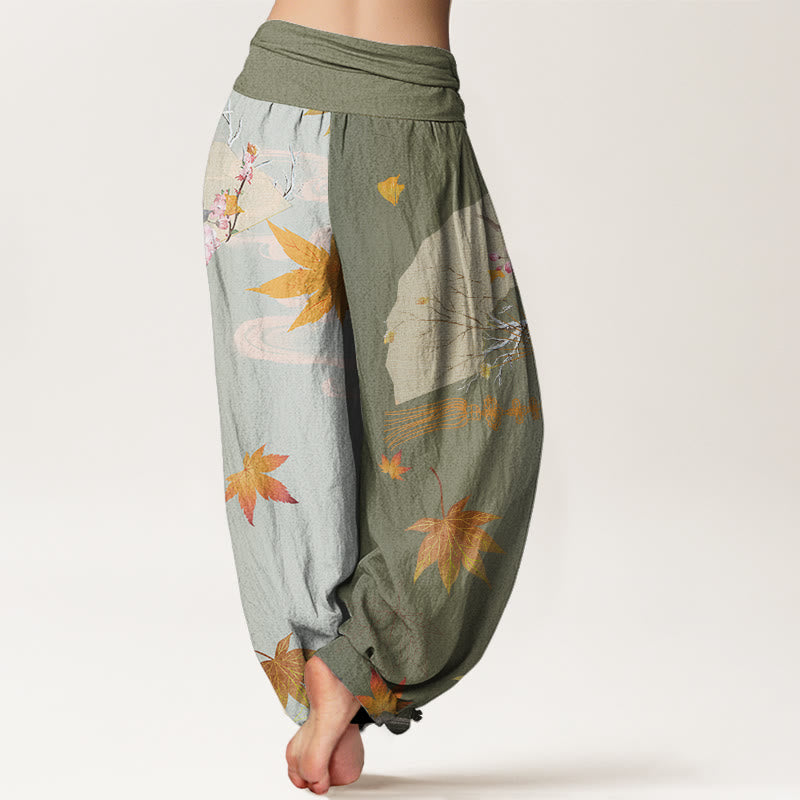 Pantalones harén con cintura elástica para mujer, diseño informal de abanico plegable con diseño de flores, hojas de arce y nubes, con Buddha Stones - image 7