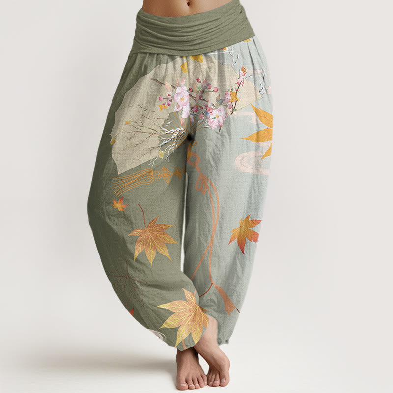 Pantalones harén con cintura elástica para mujer, diseño informal de abanico plegable con diseño de flores, hojas de arce y nubes, con Buddha Stones - Verde mar oscuro - US22，UK/AU26，EU54 (6XL) - image 5