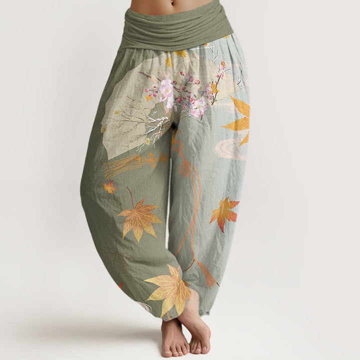 Pantalones harén con cintura elástica para mujer, diseño informal de abanico plegable con diseño de flores, hojas de arce y nubes, con Buddha Stones - Verde mar oscuro - US22，UK/AU26，EU54 (6XL) - image 5