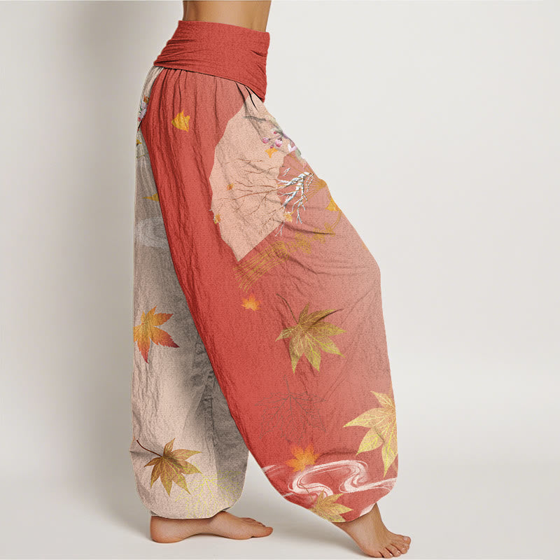 Pantalones harén con cintura elástica para mujer, diseño informal de abanico plegable con diseño de flores, hojas de arce y nubes, con Buddha Stones - image 9