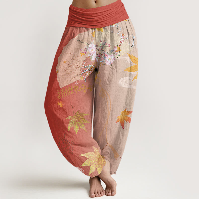 Pantalones harén con cintura elástica para mujer, diseño informal de abanico plegable con diseño de flores, hojas de arce y nubes, con Buddha Stones - Tomate - US22，UK/AU26，EU54 (6XL) - image 8