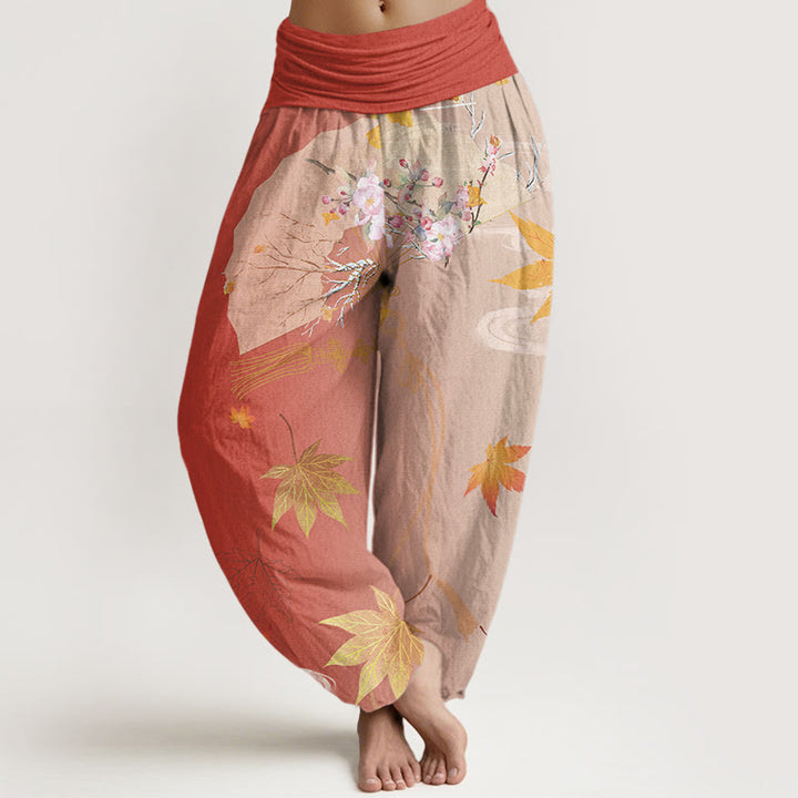 Pantalones harén con cintura elástica para mujer, diseño informal de abanico plegable con diseño de flores, hojas de arce y nubes, con Buddha Stones - Tomate - US22，UK/AU26，EU54 (6XL) - image 8