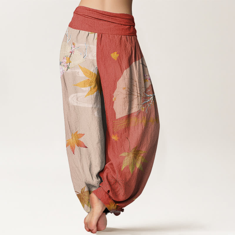 Pantalones harén con cintura elástica para mujer, diseño informal de abanico plegable con diseño de flores, hojas de arce y nubes, con Buddha Stones - image 10