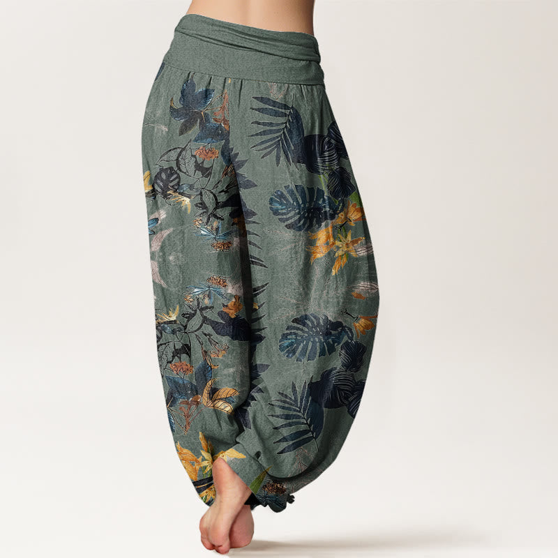 Pantalones harén con cintura elástica para mujer, diseño de flores amarillas y hojas verdes con Buddha Stones - image 2