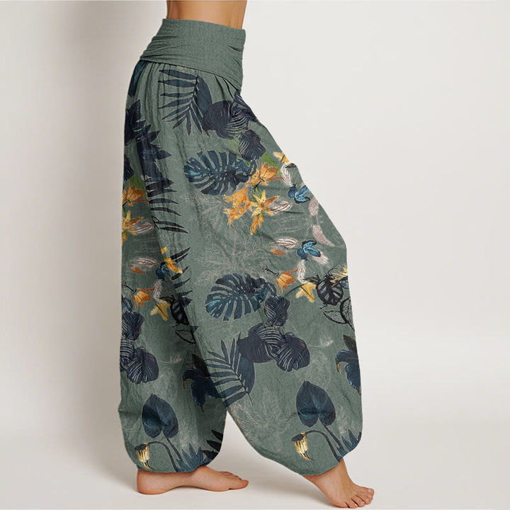 Pantalones harén con cintura elástica para mujer, diseño de flores amarillas y hojas verdes con Buddha Stones - image 3