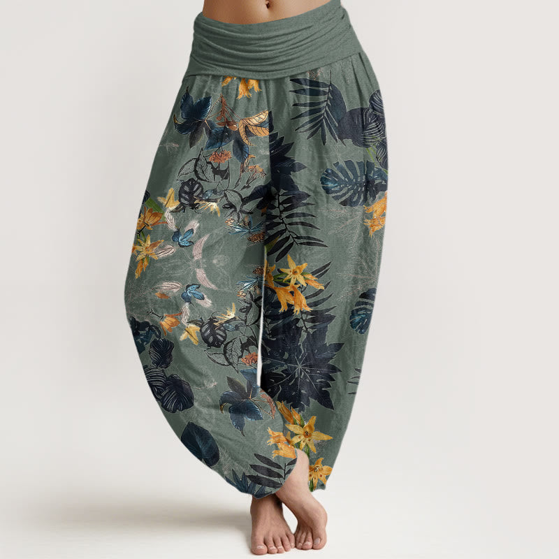 Pantalones harén con cintura elástica para mujer, diseño de flores amarillas y hojas verdes con Buddha Stones - Aguamarina mediana - US22，UK/AU26，EU54 (6XL) - image 1