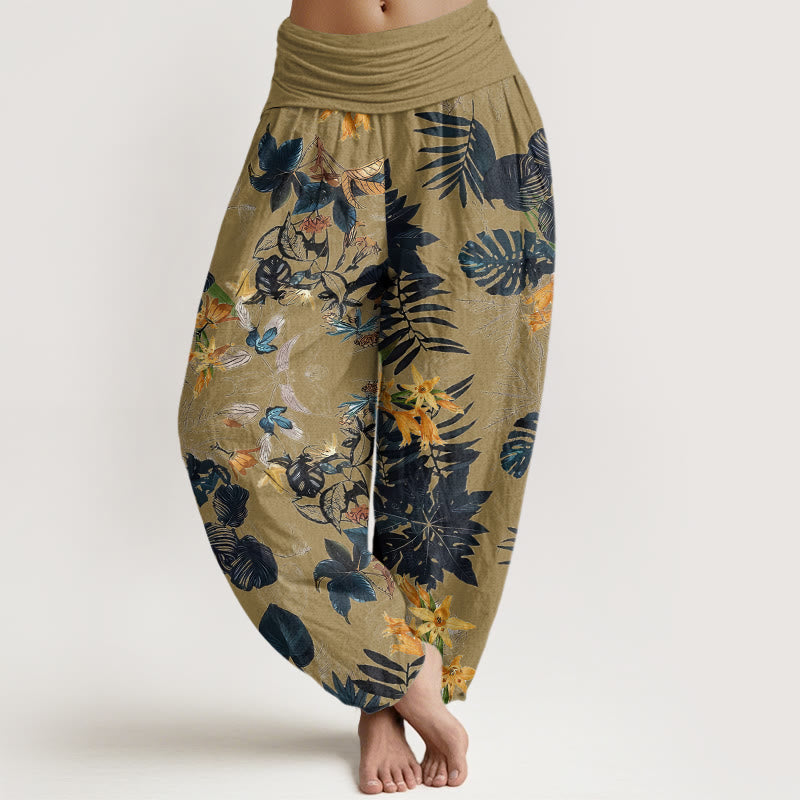 Pantalones harén con cintura elástica para mujer, diseño de flores amarillas y hojas verdes con Buddha Stones - Caqui oscuro - US22，UK/AU26，EU54 (6XL) - image 5