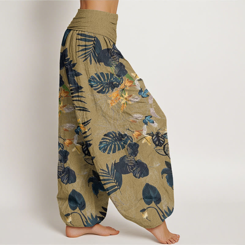 Pantalones harén con cintura elástica para mujer, diseño de flores amarillas y hojas verdes con Buddha Stones - image 7
