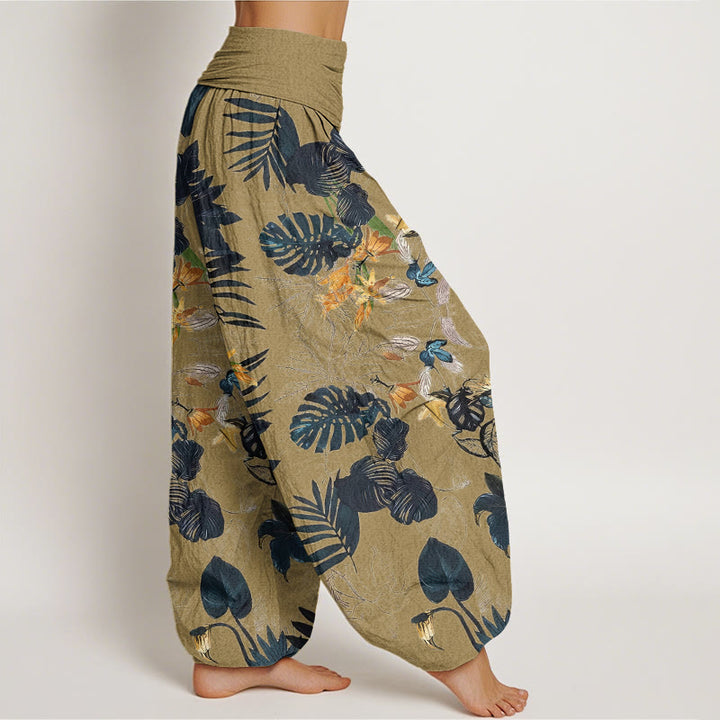 Pantalones harén con cintura elástica para mujer, diseño de flores amarillas y hojas verdes con Buddha Stones - image 7