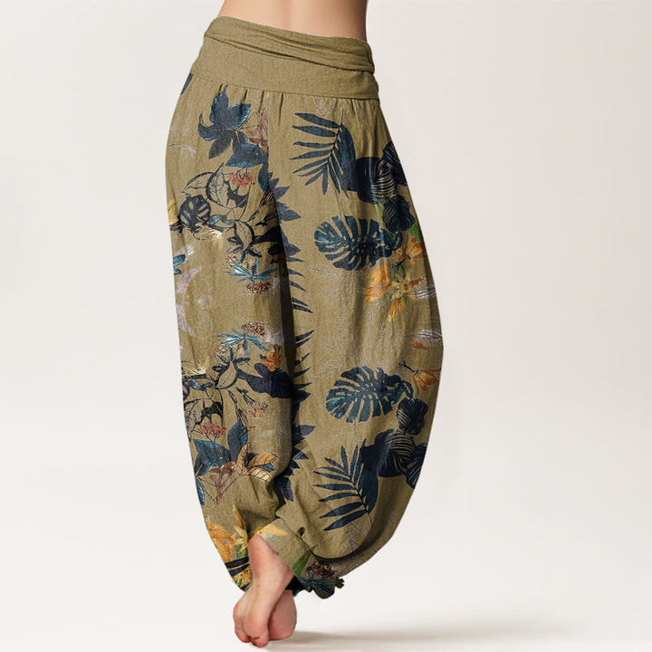 Pantalones harén con cintura elástica para mujer, diseño de flores amarillas y hojas verdes con Buddha Stones - image 6