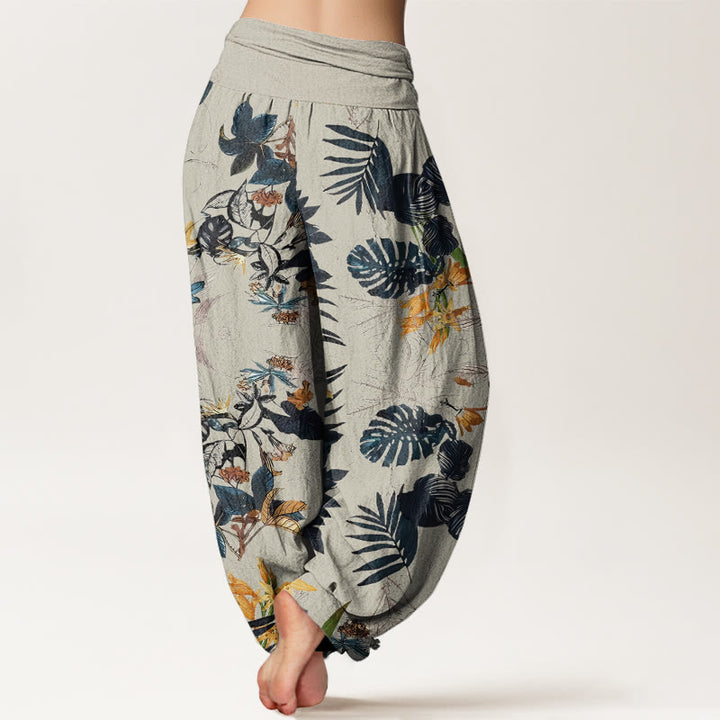 Pantalones harén con cintura elástica para mujer, diseño de flores amarillas y hojas verdes con Buddha Stones - image 9