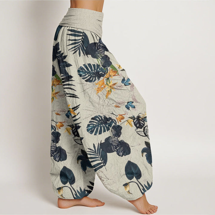 Pantalones harén con cintura elástica para mujer, diseño de flores amarillas y hojas verdes con Buddha Stones - image 10