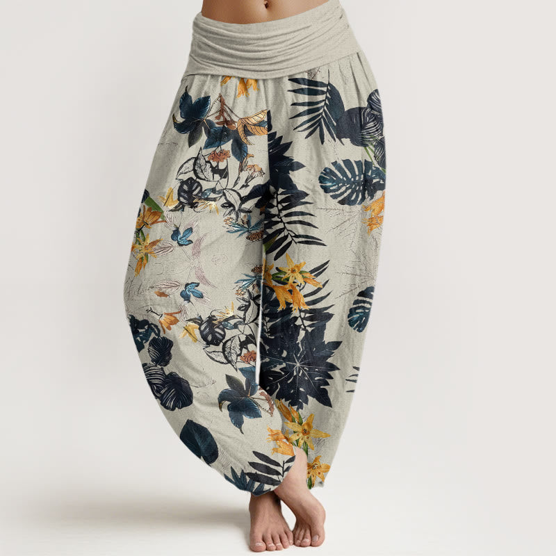 Pantalones harén con cintura elástica para mujer, diseño de flores amarillas y hojas verdes con Buddha Stones - Beige - US22，UK/AU26，EU54 (6XL) - image 8