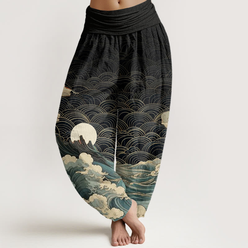 Pantalones harén con cintura elástica para mujer, con estampado de Buddha Stones, olas, luna y montaña - Negro - US22，UK/AU26，EU54 (6XL) - image 1